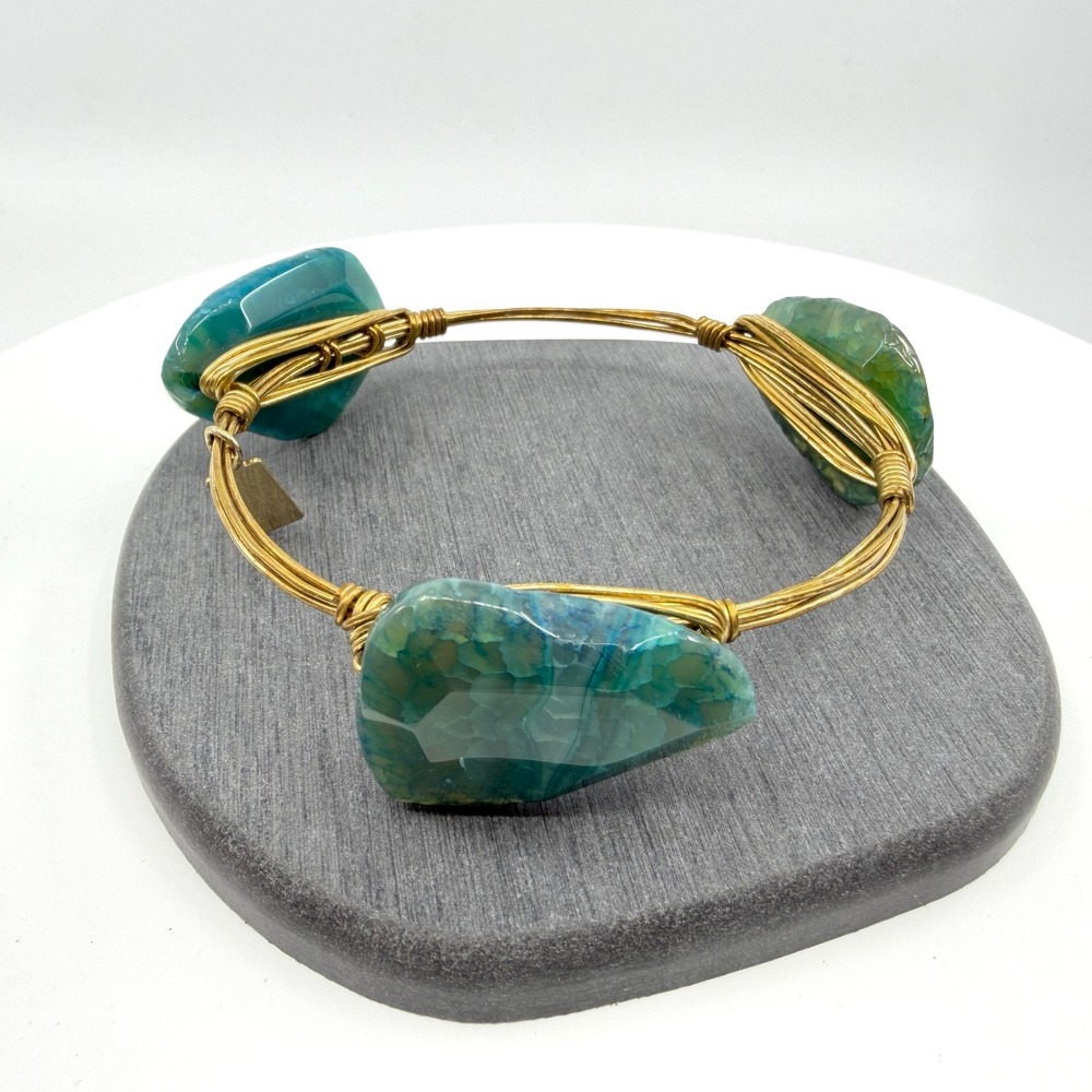 Artisan Wire Wrapped Agate Slice Cuff Bracelet Gold Tone Teal Gemstone Statement